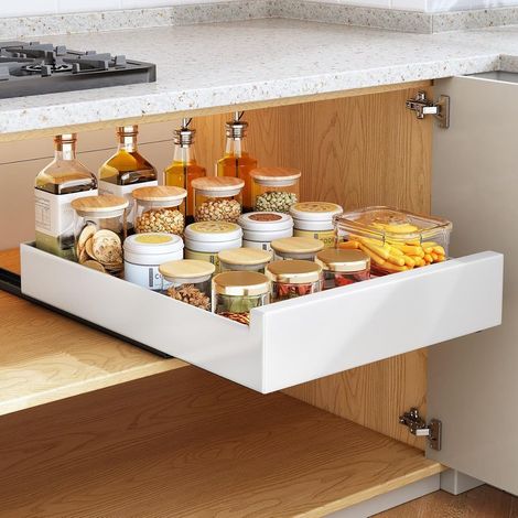 Tiroir Coulissant, Tiroir Coulissant Telescopique Cuisine pour Placard de Cuisine, 42Profondeur x 40Largeur x 7Hauteur cm, pas Besoin de Percer ni de Clouer, Blanc (1/5)