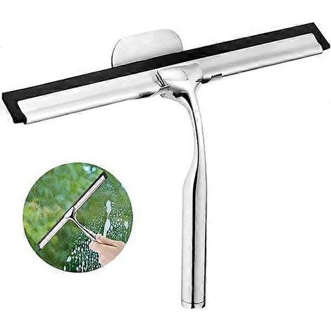 Grattoir de douche en acier inoxydable avec ventouse, multifonctionnel pour le nettoyage des miroirs et vitres de salle de bain. (1/3)