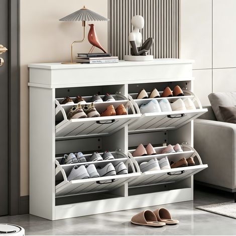 Schuhschrank mit 4 Kippklappen, 8 Fächern, weißem MDF 105 x 24 x 83 cm HAVRYA (1/5)