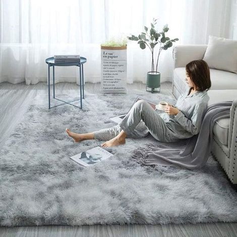 Tapis Moelleux, Tapis Fausse Fourrure 160  120cm, Antidérapant Tapis Gradient Décoratif Tapis de Sol (Gris Clair (1/5)