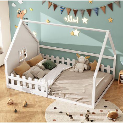 Cama infantil 140x200 cm blanca de pino y MDF con forma de casa y barrera de seguridad (1/5)