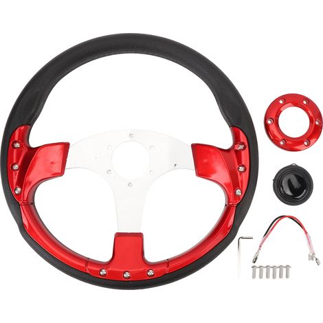 Volante universale da 14 pollici con pulsante clacson, stile racing, in alluminio PU per adattatore mozzo standard a 6 fori, rosso. (1/4)