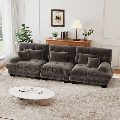 Canapé 3 Places Nuage 313x77x81 cm en Tissu Chenille Clair – Sofa Double pour Salon, avec Structure en Bois Massif, 2 Coussins Lombaires et 2 Coussins Décoratifs, Marron (1/5)