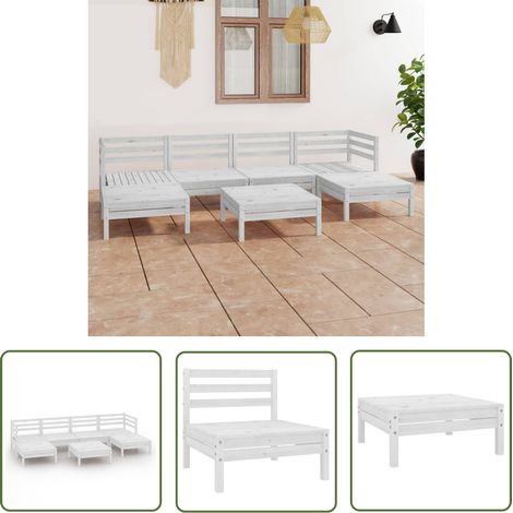 The Living Store 7-tlg. Garten-Lounge-Set Weiß Massivholz Kiefer - Gartenmöbel Set - Loungemöbel - Gartenloungeset - Rattan Möbel - Kiefernholzmöbel (1/5)