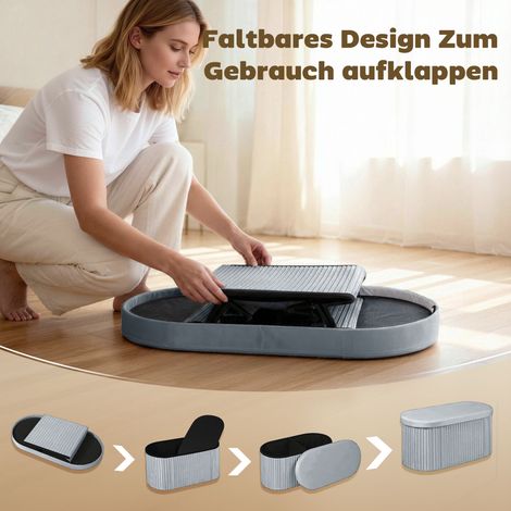 Banquette de rangement pliante, revêtement aspect velours gris foncé, pour salon, dimensions 76 x 38 x 35 cm (1/4)