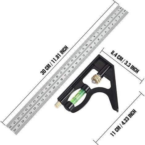 équerre Combinée 300 mm Acier Inoxydable Règle d'angle de Combinaison Combinaison Carrée Outils de Mesure (Noir) GROOFOO (1/4)