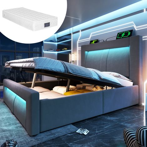 Lit coffre 90x200 cm avec rangement sous sommier, LED, ports USB et Type-C, en velours gris, matelas inclus (1/5)