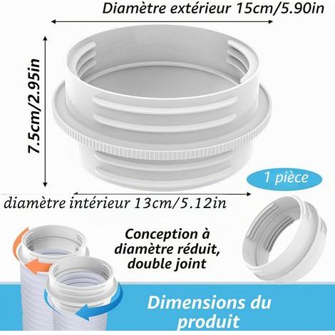Adaptateur Tuyau Climatiseur Mobile Blanc, Raccord Tuyau Climatiseur Mobile 130-150mm, Kit Evacuation Climatiseur pour d'Évacuation Ca (1/4)