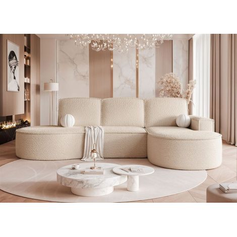 Ecksofa Schlafsofa Sofa ARLET in Stoff Abriamo Hellbeige Ottomane Rechts