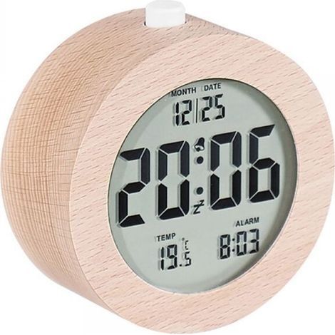 Réveil en BoisJINFGERNEHorloge Numérique Ronde LCD avec Affichage de la Date, Température, Rétroéclairage Doux et Fonctionnalités Pratiques pour Une Utilisation Quotidienne