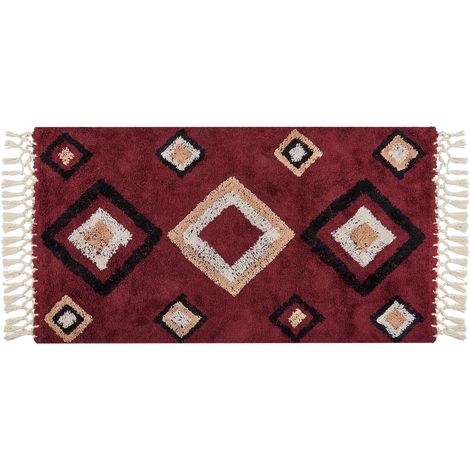 Alfombra de algodón rojo beige negro 80 x 150 cm patrón diamante borlas Siirt