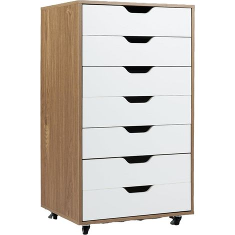 COSTWAY Caisson de Bureau à Roulettes, Meuble Rangement Bureau 7 Tiroirs, Commode Rangement 7 Tiroirs pour Papier, Document, Lettre (Blanc Naturel,48 x 40 x 87 cm)