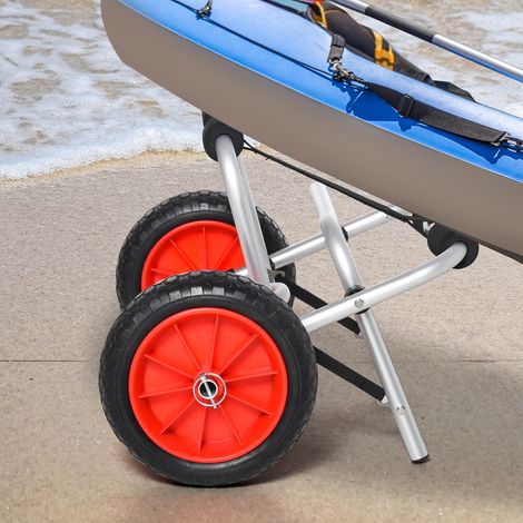 Carrito de aluminio para canoa, kayak o tabla de surf, plegable con correa, ruedas de polipiel, color plata, soporta hasta 75 kg, 68 x 44,5 x 40 cm.