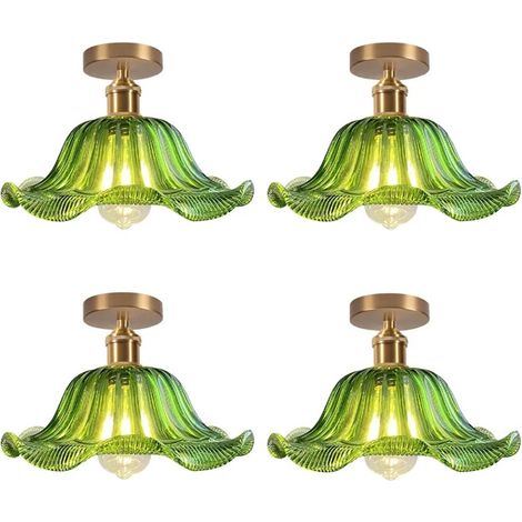 4pcs Plafonnier en Verre Vert,Lustre Industriel Lampe de Plafond Style Nordique E27 Luminaire Plafond Abat-jour Design Fleur (1/5)