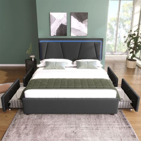 Lit rembourré 140x200 cm gris avec LED, 4 tiroirs, tête réglable, sommier à lattes (sans matelas)