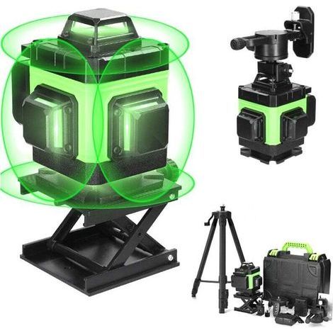 Niveau laser en 4 x 360° 16 Lignes Auo-équilibrage du Niau Laser Vert Rotatif Outil de Niveau Vertical Horizontal avec d'auto-Nivellement IP54 2x2400 mAh Batteries, avec trépied (1/4)