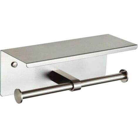 Support double pour papier toilette avec étagère, en nickel brossé, à fixer au mur.