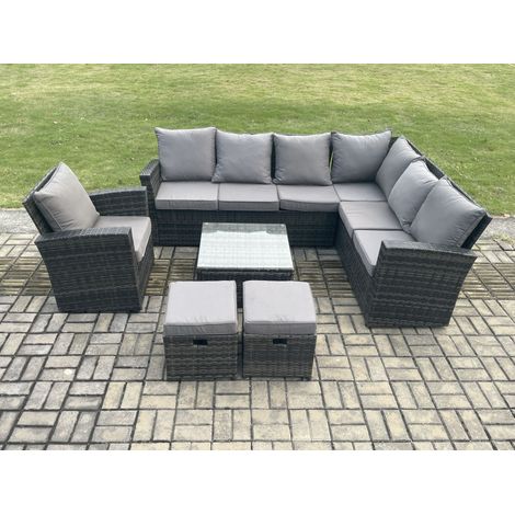 Fimous 9 Seater Wicker PE Outdoor Garden Furniture Set High Back Rattan Corner Sofa Chair Set with 2 Small Footstools Square Coffee Table (1/5)