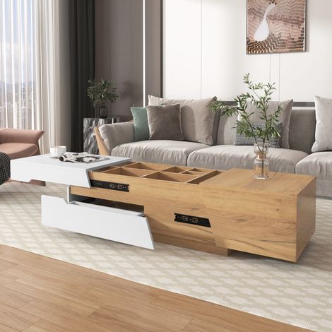 Table basse 120x50x37.5 cm rangement spacieux plateau coulissant et tiroir MDF blanc et couleur naturelle (1/5)