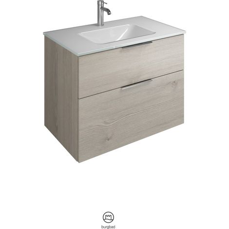 Burgbad Eqio Glas-Waschtisch mit Unterschrank, 2 Auszüge und Griffleiste Eiche Dekor Flanelle/Alpinweiss 82 cm Chrom (1/4)