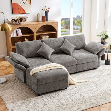 Canapé d'angle en L - 3 places - Avec repose-pieds - 4 coussins - Accoudoirs réglables - Gris (1/5)