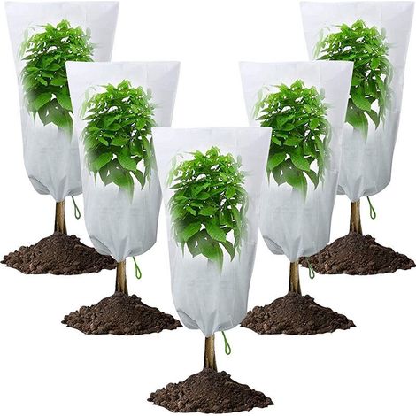 Ensemble de cinq pièces de housses antigel non tissées pour plantes et arbustes, housses de protection pour plantes d'hiver avec cordon de serrage à glissière, 80X100CM (1/4)