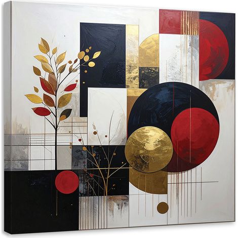 Tableau Moderne, Abstraction cercles feuilles beige rouge,30x30 (1/4)