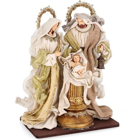 Sacra famiglia con vestiti in tessuto color oro con colonna statue per presepe h 38 cm