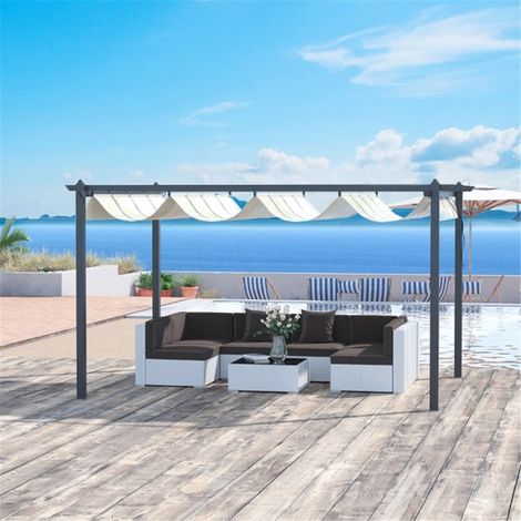 Spacious 4x3m Outdoor Pergola with Aluminum Frame,Retractable Polyester Canopy,16 Ground Stakes Included for Garden Use (1/5)