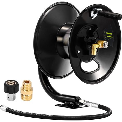 Enrouleur de Tuyau Haute Pression 30m x 3/8" / 45m x 1/4", 280bar Dévidoirs à Tuyau en Acier Robust à Manivelle Manuelle, avec Bras Pivotant et Support de Montage, Sortie 3/8" NPT (1/5)