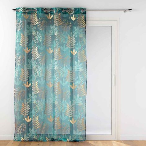 Paris Prix – Rideau voilage à œillets 140x240cm émeraude – 100% polyester – Imprimé métallisé – Forme rectangulaire (1/4)