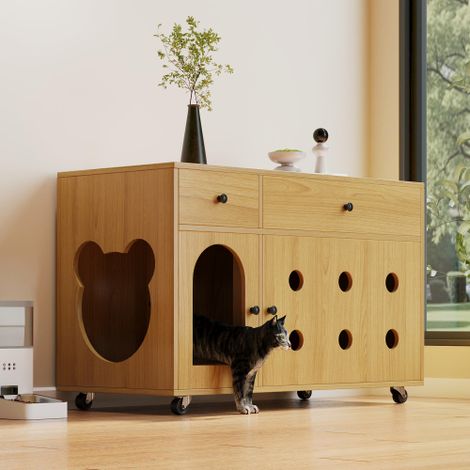 Mueble para arenero de gato (arenero móvil) – Armario/casita para gatos con bandeja de drenaje de arena extraíble, con aislamiento térmico, sin arenero, 100×45×66 cm (color madera natural, color arce  (1/5)