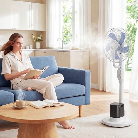 Ventilateur brumisateur 90W pied 128cm oscillation 70° 3 vitesses réservoir eau 3,5L, blanc