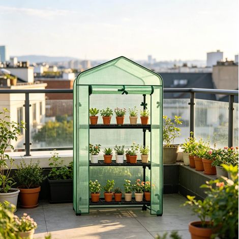 Mini serra su ruote 70 x 50 x 130 cm, 3 ripiani, porta con zip, verde HAVRYA (1/5)