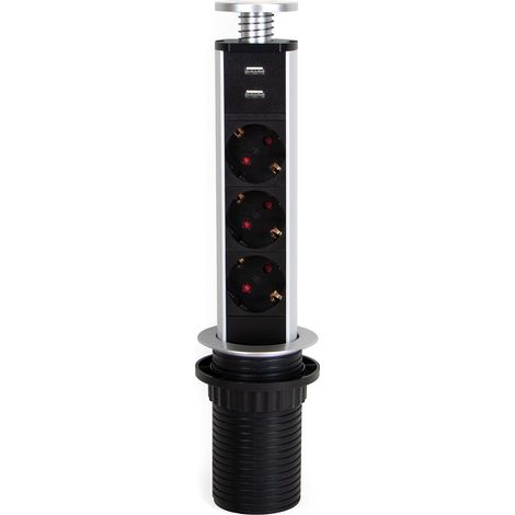 Multiprise multiprise rétractable avec 3 prises Schuko EU et 2 ports USB, tour de prise verticale encastrée pour comptoirs de cuisine ou de bureau (1/5)