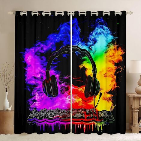 Rideau Occultant 140x260 cm Clavier de Jeu Rideau Casque de Jeu Rideaux Voilage Aquarelle Fumée Feu Voilage Fenetre Casque de Gamer pour Chambre Salon - 140L X 260H cm (2 Panneaux) (1/5)