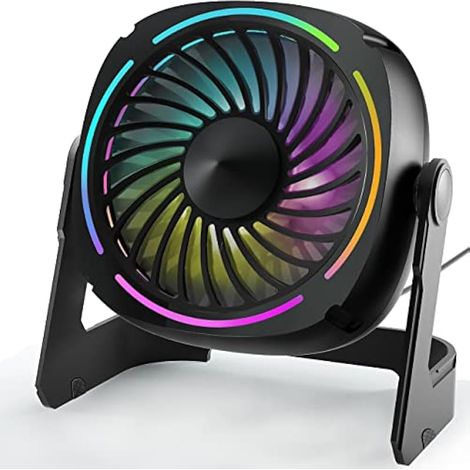 Petit ventilateur de bureau USB - 5,3 pouces, portable, 3 vitesses, 8 lumières LED, rotation 360°, silencieux, pour bureau et maison (1/5)