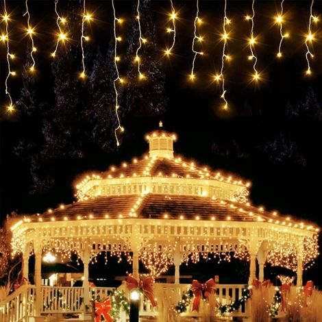 Guirlande lumineuse stalactite extérieure 1200 LED 30 m, étanche, alimentée par secteur, idéale pour décorer balcon, jardin, toit, fête ou mariage. Couleur : blanc chaud. (1/4)