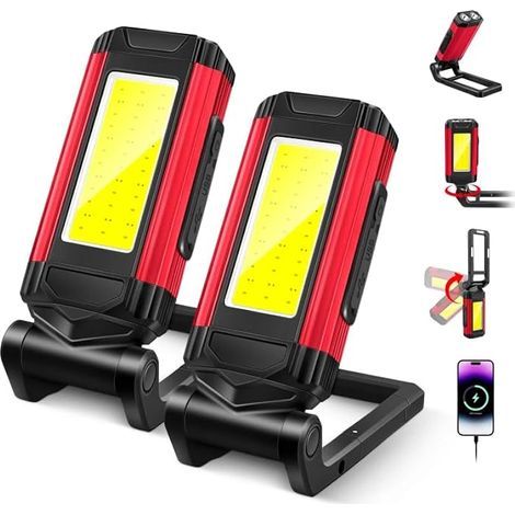 Lampe Travail Led Rechargeable, Baladeuse Led Mecanicien, Lampes d'inspection, Lampe Atelier CoB, Support Rotatif et Crochet Magnétique Pliable, Idéal pour Réparations, Camping Les Urgences, 2 Pièce (1/5)
