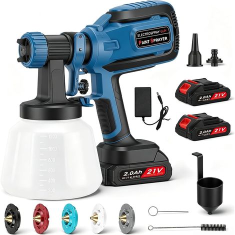 Pistolet à Peinture sans Fil 21V, 800 ML/Min Pistolet Peinture Electrique HVLP avec 5 Buses (1/5)