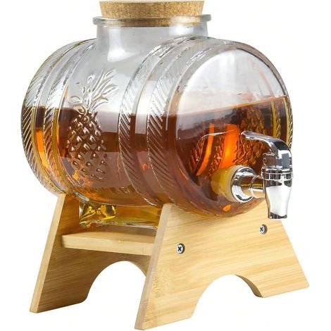 Distributeur de boissons avec support en bois, distributeur de boissons en verre avec robinet et couvercle, verrerie pour jus, vin ou boissons fraîches, adapté pour bar, fête ou usage quotidien. 5L (1/4)