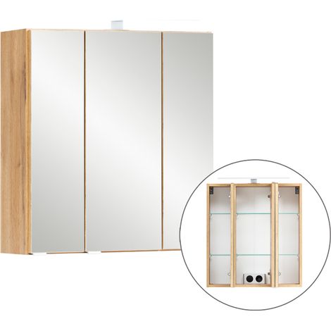 Badezimmer 3D-Spiegelschrank 60 cm breit VIDAGO-03 in Wotan Eiche Nb. mit LED Beleuchtung, B/H/T: ca. 60/64/20 cm (1/5)