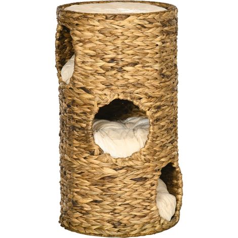 Tana per gatti a 3 livelli in giacinto d'acqua con cuscini 40 x 40 x 73 cm marrone (1/4)