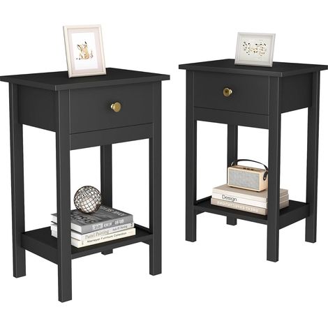 Solid Wooden Bedside Table, Set of 2 Narrow Side End Tables, Modern Narrow Bedroom Nightstand with Open Shelf and Drawer for Bedroom, Living Room Arlo BLACK