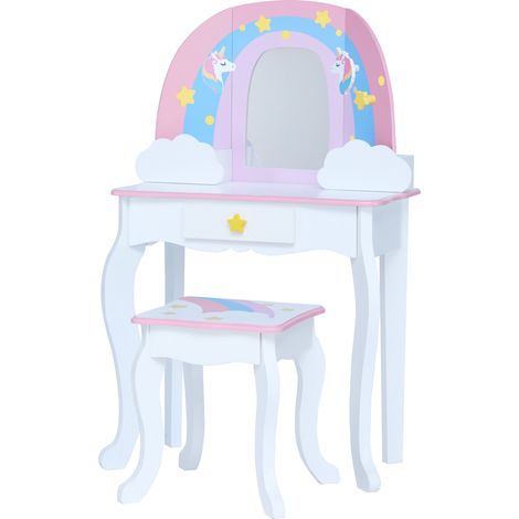 Fantasy Fields de Teamson Kids Little Dreamer Rainbow Unicorn Vanity Set Tocador con espejo, almacenamiento integrado y taburete para niños, blanco, TD-13543F (1/5)