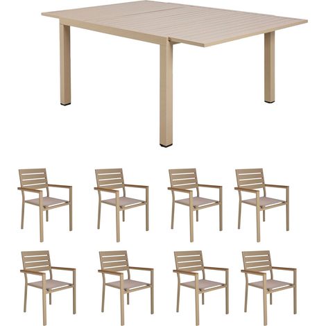 Ensemble table de jardin carrée 120/180cm + 8 fauteuils crème