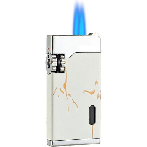 Briquet double torche coupe-vent rechargeable butane, pour cuisine camping plein air, cadeau mari père - blanc (1/5)