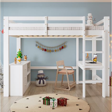 Cama alta infantil con escritorio y cajones OKMYHOME (1/5)