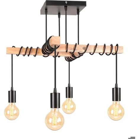4lampes Suspension Luminaire Industrielle,Lustre Vintage en Métal et Bois E27 Luminaire Plafonnier Réglable Retro pour Salon (1/5)