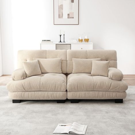 Canapé d'angle Cloud-Chenille marron clair-2 coussins lombaires et 2 décoratifs-Structure bois massif-220x77x81cm (1/5)